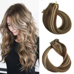 Remy Clip in Hair Extensions Blonde Balayage 70grams 15" Short Straight Human Hair Extensions Clips in Medium Brown to Bleach Blonde Highlights 7 Pieces(#4/613)